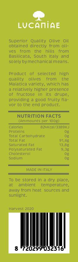 Italian Extra Virgin Olive Oil - BIO - 0.5 Lt. (Can) - Lucaniae