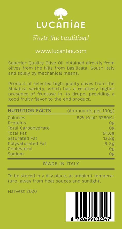 Italian Extra Virgin Olive Oil - BIO - 1 lt. (can) - Lucaniae